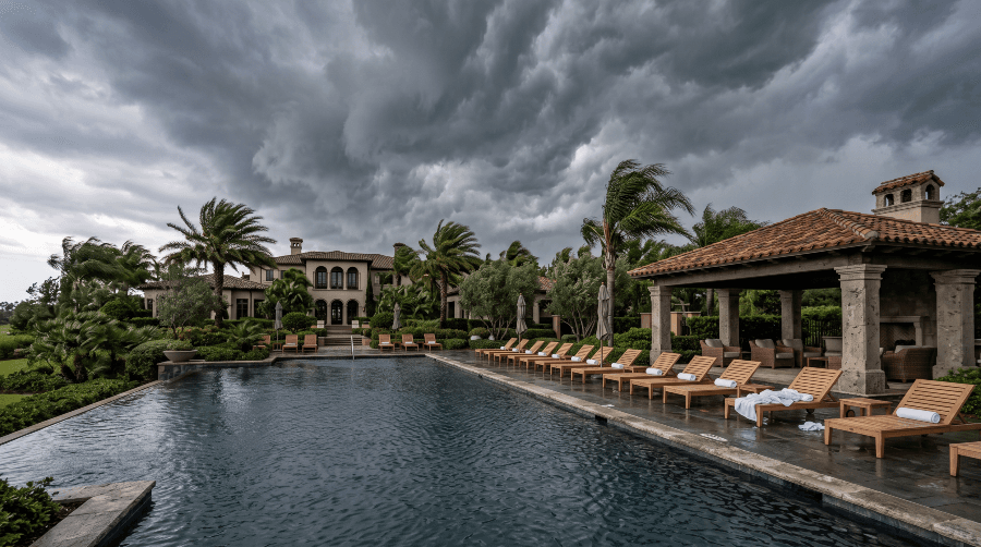 Empty lounge chairs and a closed umbrella beside a private club pool as dark storm clouds gather and palms bend in the wind.