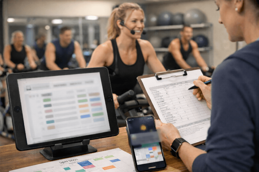 Fitness studio check-in scene showing class coordination with a tablet schedule, a staff clipboard roster, and a spin class in the background