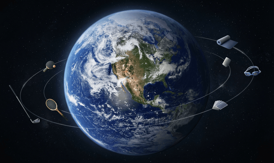 Planet Earth with North America visible, surrounded by club activity items in orbit, representing the concept of social gravity drawing members into groups and activities.