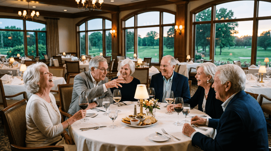 Six club members in their seventies laughing together over dinner at a round table in a country club dining room, with the golf course visible through tall windows at dusk.