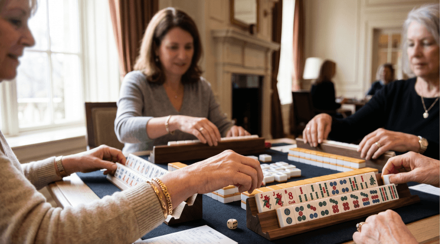 Players of different ages reaching toward a rack of colorful Mah Jongg tiles mid-game on a table in a bright, upscale private club room, with a scorecard beside one rack.
