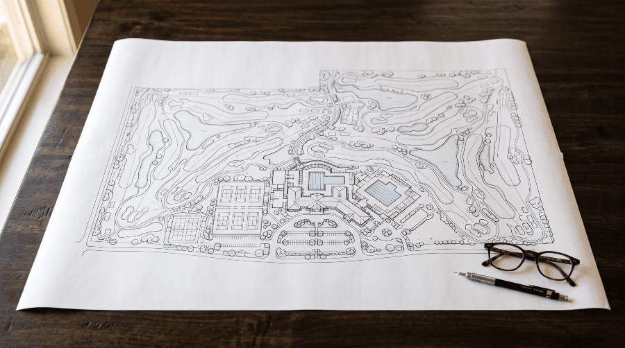 An architectural site plan of a country club property spread on a wood table in warm afternoon light, showing the golf course, courts, pool and clubhouse, with reading glasses and a pencil resting at the edge.