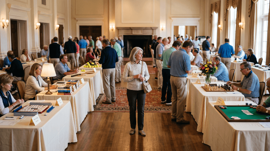 A woman pauses in the middle of a club ballroom during a member activities fair, looking across at rows of tables staffed by members displaying mah jongg, books, tennis and chess.