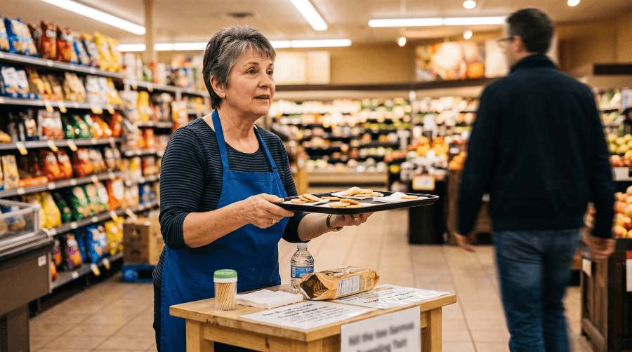 A woman in a blue apron holding out a tray of samples in a supermarket while a shopper walks past her.