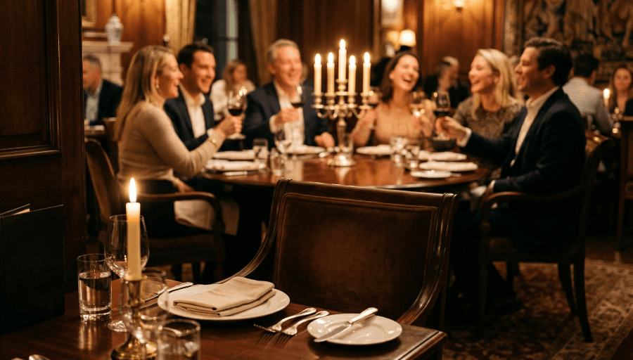 An empty chair and place setting at a private club dining table while other members socialize warmly in the background.