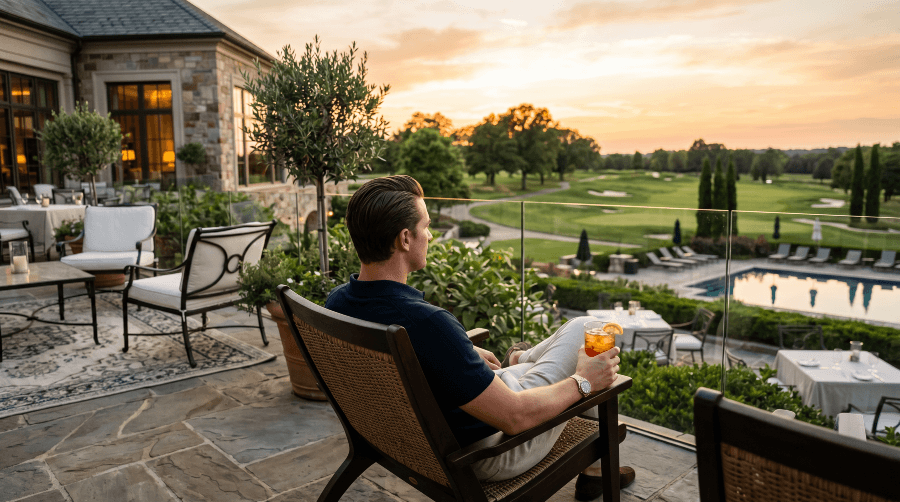 A relaxed, unidentifiable guest lounges on an upscale country club terrace at golden hour, drink in hand, looking out over the grounds.