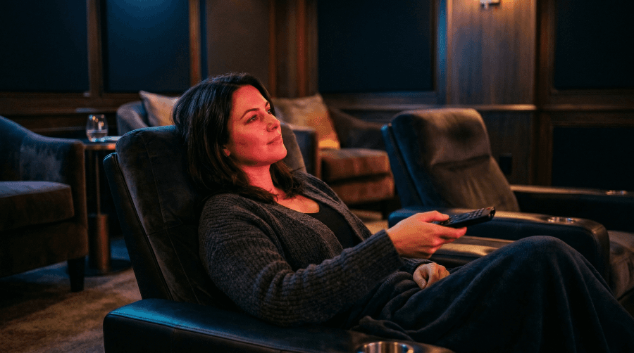 A person relaxing in a warm, dimly lit lounge chair with a remote in hand, bathed in the glow of a screen - evoking the personalized, curated experience of streaming.