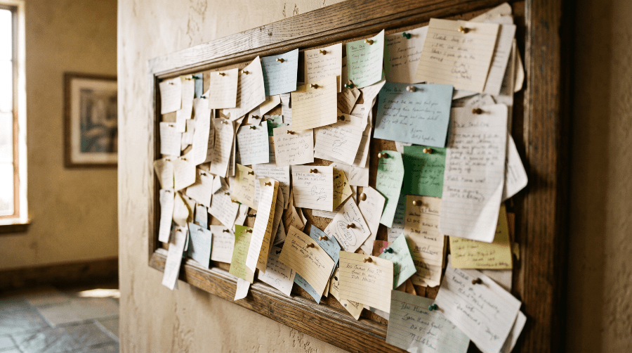A wooden community notice board in a clubhouse foyer, covered with overlapping pinned notes and index cards in warm morning light. A wooden community notice board in a clubhouse foyer, covered with overlapping pinned notes and index cards in warm morning light.