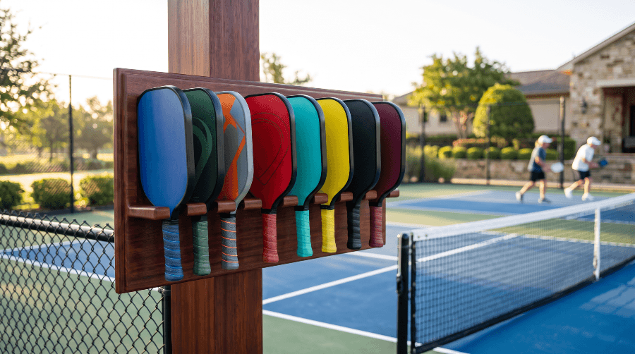 Eight pickleball paddles in a polished wooden rack mounted at courtside, with a private club pickleball court, clubhouse, and two players in the background. Eight pickleball paddles in a polished wooden rack mounted at courtside, with a private club pickleball court, clubhouse, and two players in the background.