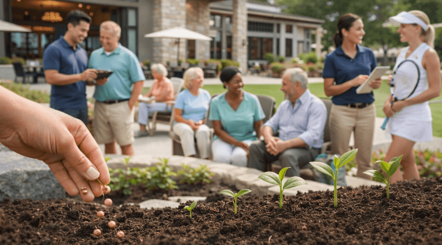 Club members and staff chatting outside a modern clubhouse beside a garden bed where seeds are being planted and seedlings are growing. Club members and staff chatting outside a modern clubhouse beside a garden bed where seeds are being planted and seedlings are growing.