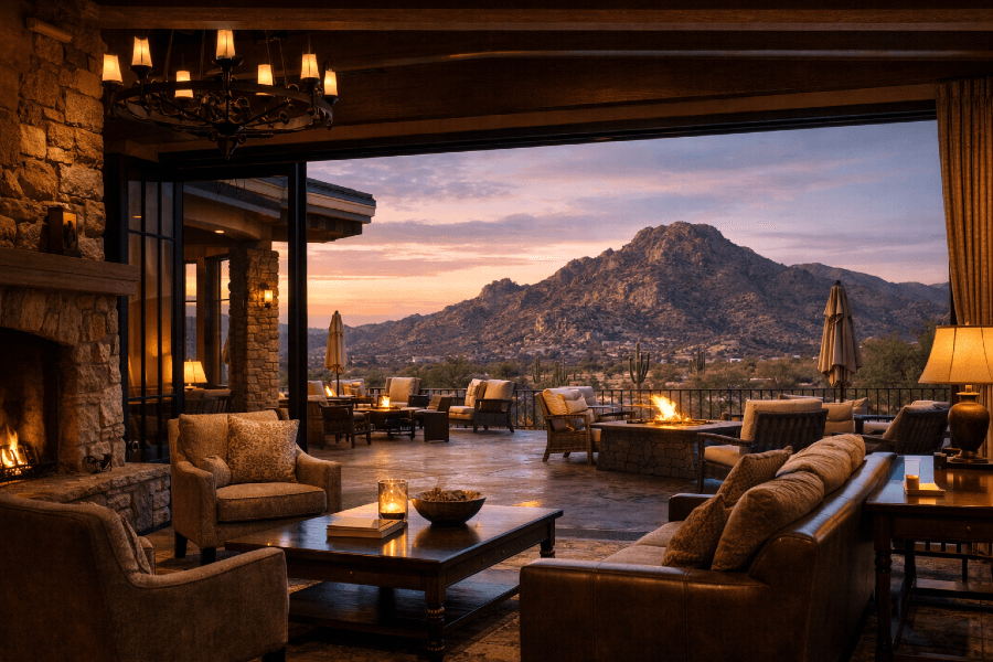 Warm, elegant clubhouse lounge opening to a mountain desert view at sunset, reflecting comfort, hospitality, and a welcoming club atmosphere. Warm, elegant clubhouse lounge opening to a mountain desert view at sunset, reflecting comfort, hospitality, and a welcoming club atmosphere.