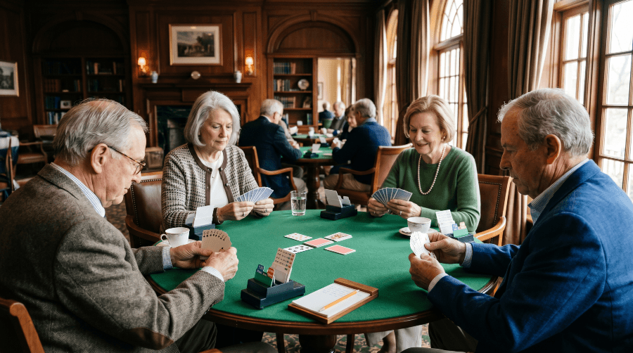 Four older country club members playing Bridge at a felt-covered table in a warmly lit clubroom with traditional wood paneling. Four older country club members playing Bridge at a felt-covered table in a warmly lit clubroom with traditional wood paneling.