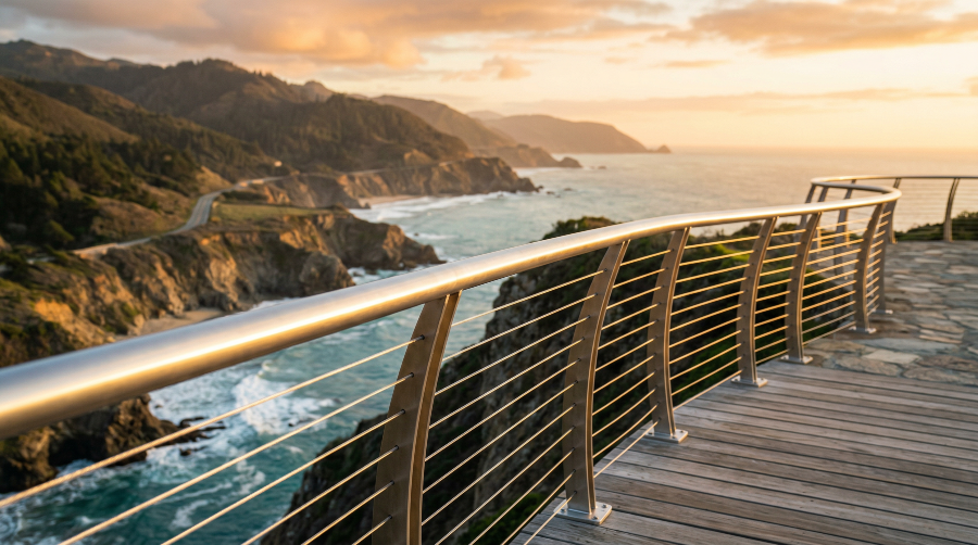 A sleek modern guardrail on a coastal overlook at sunset, with dramatic cliffs, ocean waves, and a winding road visible in the warm golden light below.