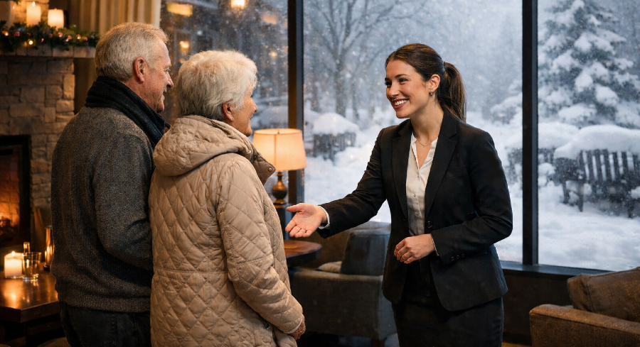 Warm clubhouse greeting by staff with heavy snow visible outside through large windows Warm clubhouse greeting by staff with heavy snow visible outside through large windows