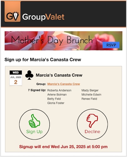 Example of a club event banner at the top of a member-generated GV email