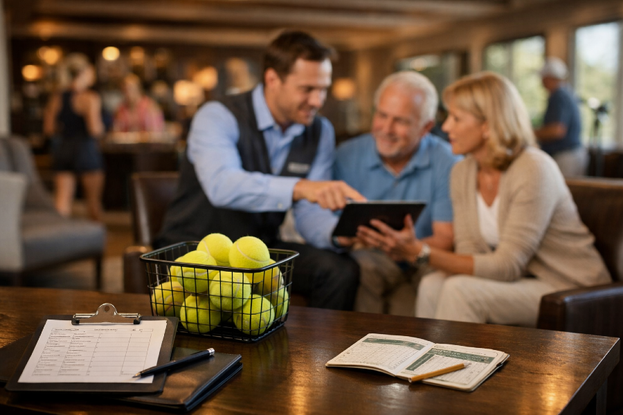 GroupValet supports both member-led groups and staff-led programs, shown by a staff member coordinating with members in a clubhouse setting.