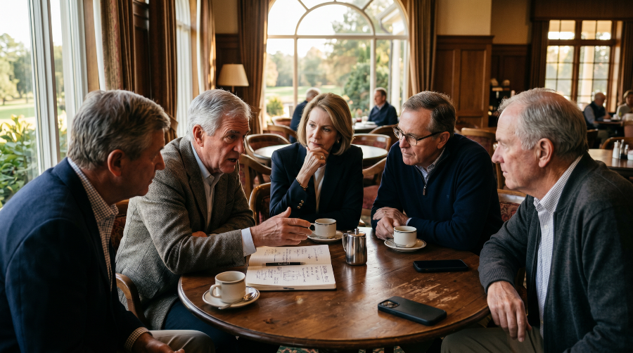 A small group of country club members leaning in around a table in animated conversation, warm afternoon light from a window behind them. A small group of country club members leaning in around a table in animated conversation, warm afternoon light from a window behind them.