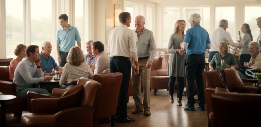 Members interacting naturally in a private club lounge, with small groups in conversation and open space that reflects organic social connection.