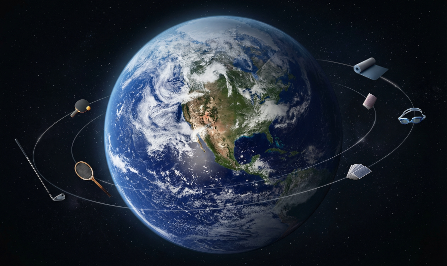 Planet Earth with North America visible, surrounded by club activity items in orbit, representing the concept of social gravity drawing members into groups and activities.