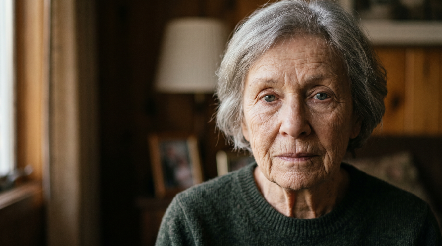 An elderly woman with a quiet, weighted expression looking directly at the viewer from a softly lit, lived-in room with photographs visible behind her.