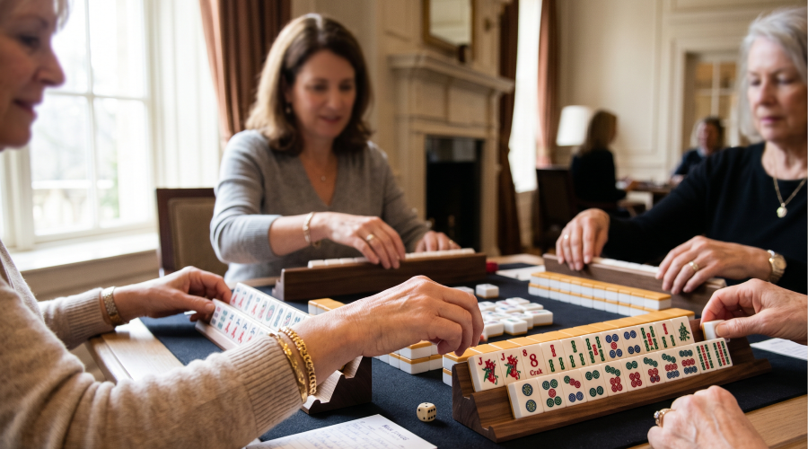 Players of different ages reaching toward a rack of colorful Mah Jongg tiles mid-game on a table in a bright, upscale private club room, with a scorecard beside one rack. Players of different ages reaching toward a rack of colorful Mah Jongg tiles mid-game on a table in a bright, upscale private club room, with a scorecard beside one rack.