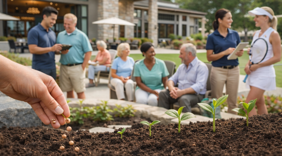 Club members and staff chatting outside a modern clubhouse beside a garden bed where seeds are being planted and seedlings are growing.