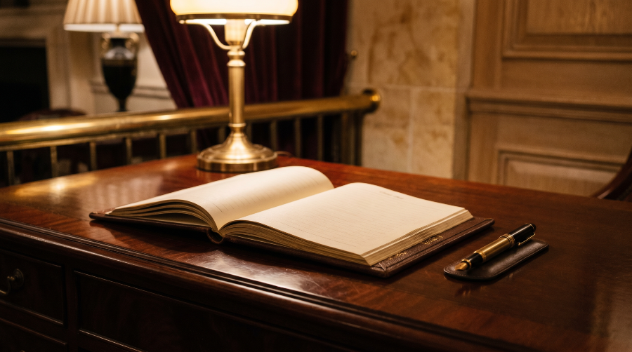 An elegant private club events desk with an open leather-bound guest list and a fountain pen, warm ambient lighting and polished dark wood.