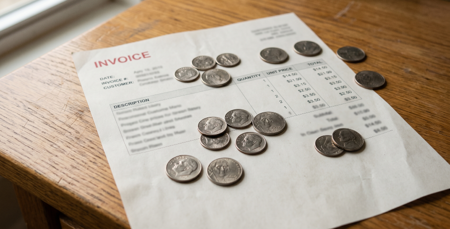 A plain unbranded paper invoice on a wooden desk with United States nickels and dimes scattered across it.