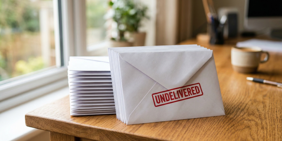A stack of unread envelopes sitting on a desk, symbolizing emails that never reached their destination
