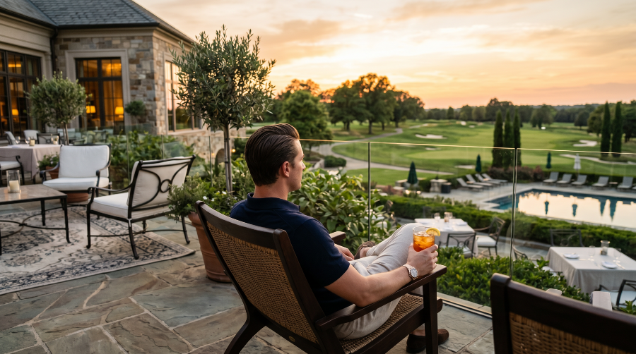 A relaxed, unidentifiable guest lounges on an upscale country club terrace at golden hour, drink in hand, looking out over the grounds.