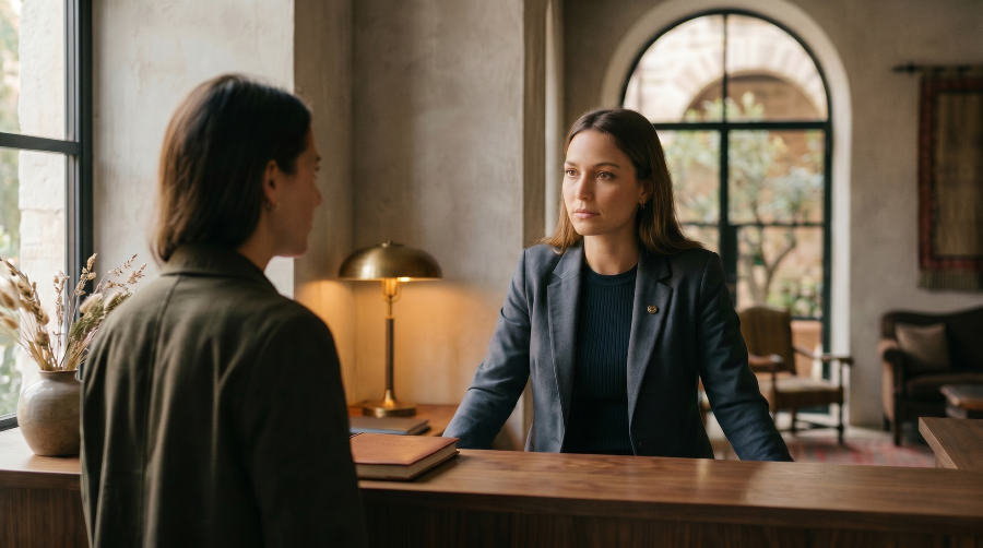 A hospitality staff member at a reception desk attending calmly and attentively to a guest, conveying confident, composed service.