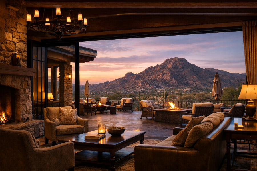 Warm, elegant clubhouse lounge opening to a mountain desert view at sunset, reflecting comfort, hospitality, and a welcoming club atmosphere.