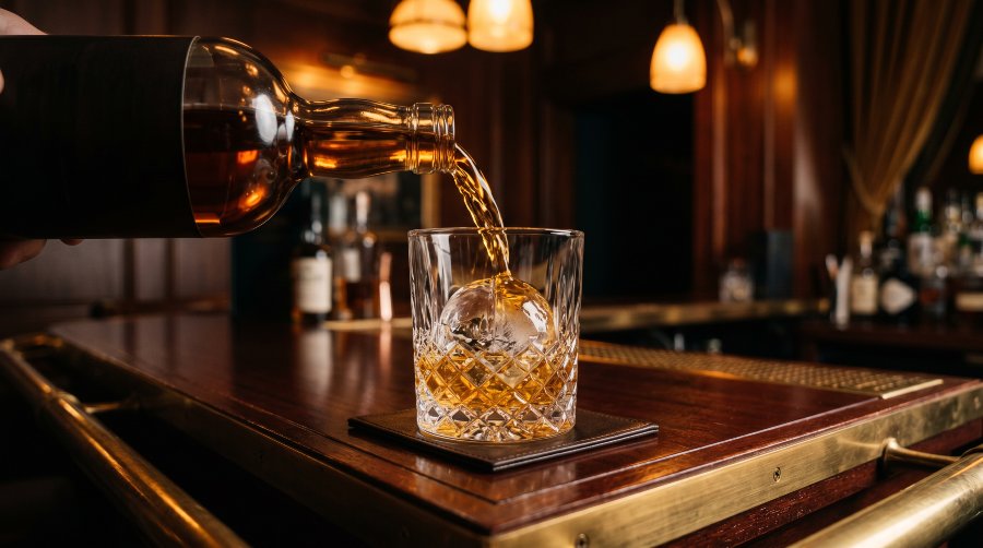 A bartender's hands pour an amber spirit into a crystal rocks glass at a warmly lit polished mahogany club bar.
