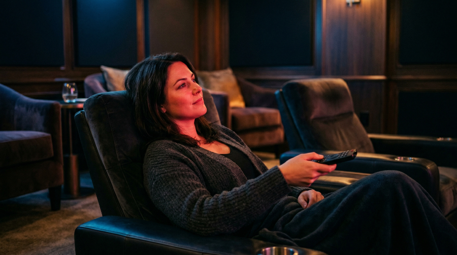 A person relaxing in a warm, dimly lit lounge chair with a remote in hand, bathed in the glow of a screen - evoking the personalized, curated experience of streaming.