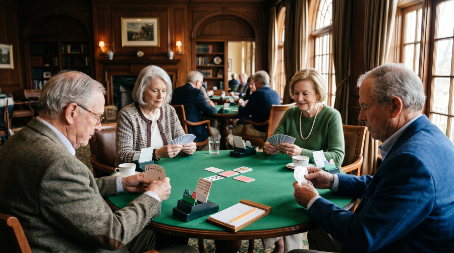 Four older country club members playing Bridge at a felt-covered table in a warmly lit clubroom with traditional wood paneling.